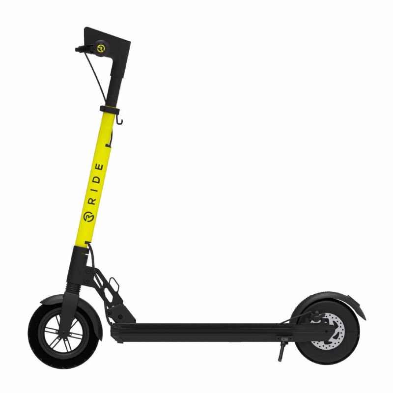 Side profile of the yellow and black Ride RS1 electric scooter