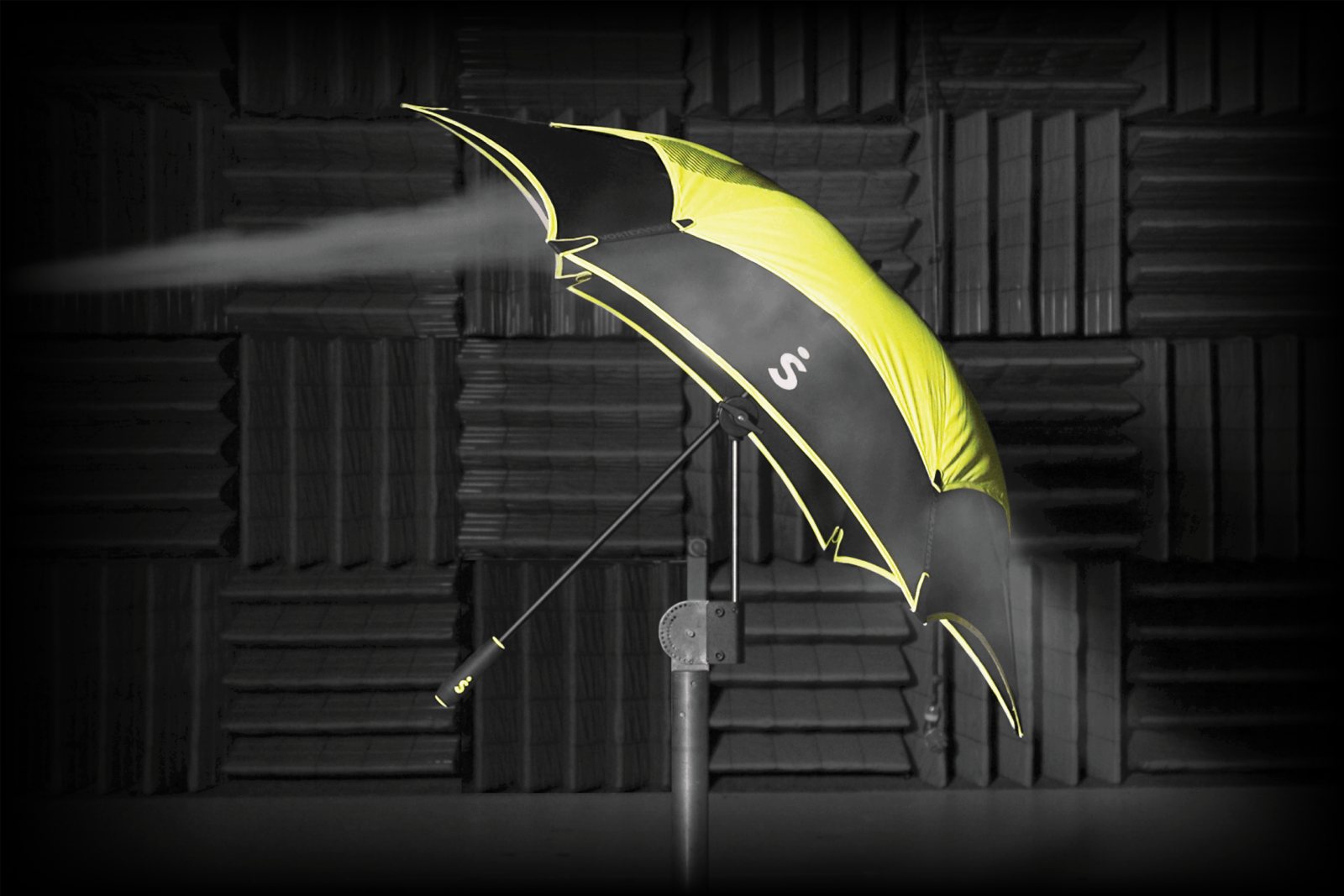 ShedRain VortexVent umbrella undergoing wind-tunnel testing